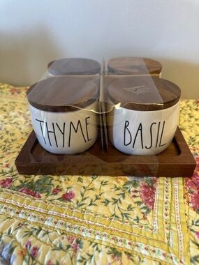 Rae Dunn Ceramic Herb Jars Set with Wooden Lids